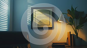 law degree in a black frame hanging on an office wall