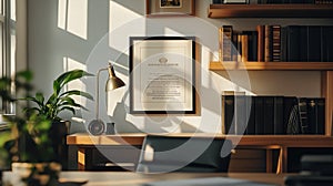 law degree in a black frame hanging on an office wall