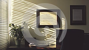 law degree in a black frame hanging on an office wall