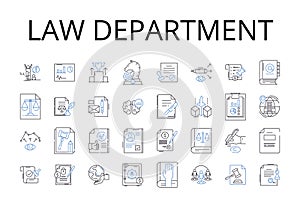 Law department line icons collection. Training center, Research wing, Health clinic, Secretariat office, Marketing team