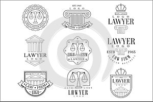 Law Firm And Lawyer Office Logo Templates With Classic Ionic Pillars, Pediments Balance Silhouettes