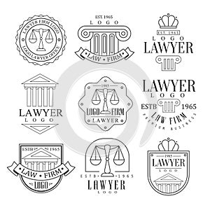 Law Firm And Lawyer Office Logo Templates With Classic Ionic Pillars, Pediments And Balance Silhouettes