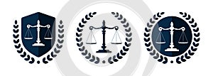 Law firm logo set. Law office logotypes set with scales of justice. Symbols of legal centers or law advocates. Scales of justice