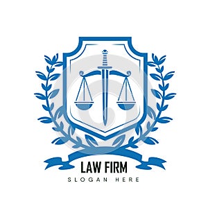 Law firm logo template with sword, shield and scales of justice Themis.