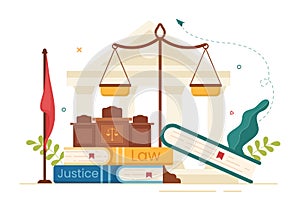 Law Firm Services with Justice, Legal Advice, Judgement and Lawyer Consultant in Flat Cartoon Poster Hand Drawn Illustration