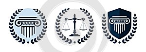 Law firm vector logo set. Law office logotypes with a pillars and scale of justice. Symbols of legal centers or law advocates