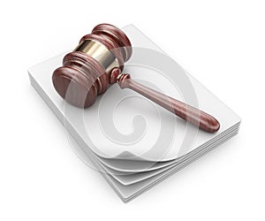 LAW hammer on documents. Legal concept. 3D Icon