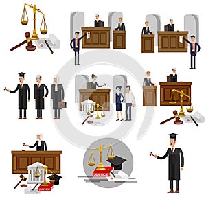 Law horizontal banner set with judical system elements isolated vector illustration