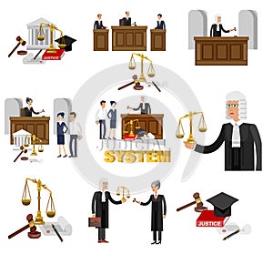 Law horizontal banner set with judical system elements isolated vector illustration