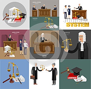 Law horizontal banner set with judical system elements isolated vector illustration