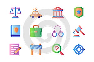 Law icons set in color flat design. Vector pictograms