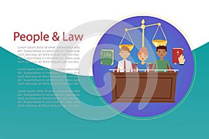 Law and judges concept with house of justice, trial by jury, honest judge with bible and law book cartoon vector