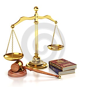 Law and Justice concept. Gavel of the judge, books of law and constitution