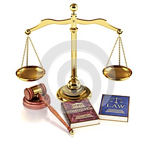 Law and Justice concept. Gavel of the judge, books of law and constitution