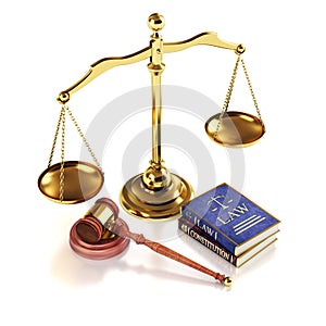 Law and Justice concept. Gavel of the judge, books of law and constitution