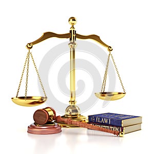 Law and Justice concept. Gavel of the judge, books of law and constitution