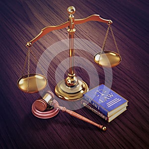 Law and Justice concept. Gavel of the judge, books of law and constitution