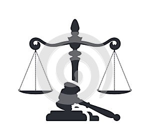 Law and justice concept. Gavel of the judge and scales of justice. Vector silhouette. Libra and gavel. Legal center or law