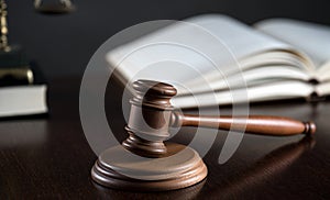 Law and Justice concept image, Lady Justice and gavel  on rustic books background