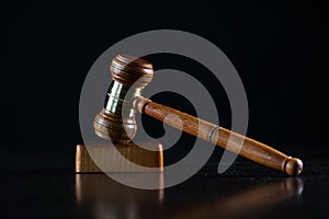 Law and Justice concept image, Lady Justice and gavel  on rustic books background