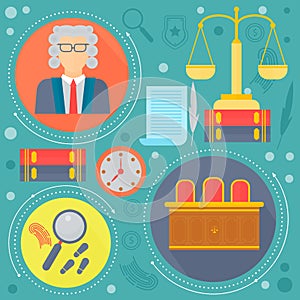 Law and justice design concept with judge, libra scales and court of law tribunal template icons in circles design, web