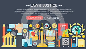 Law and justice design concept with justice icons infographics template design, web header elements, poster banner