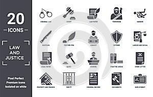 law.and.justice icon set. include creative elements as criminal law, murder, defense, counsel, guilty, legal paper filled icons