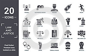 law.and.justice icon set. include creative elements as prisoner, escape, violence, death certificate, corpse, wills and trusts