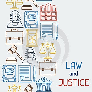 Law and justice icons seamless pattern in flat