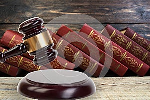 Law and Justice, Legality concept, Judge Gavel on a wooden background, Law library concept