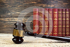 Law and Justice, Legality concept, Judge Gavel on a wooden background, Law library concept