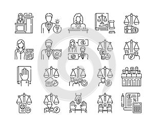 Law and justice line black icons set. Type of court. Judiciary concept. Court staff