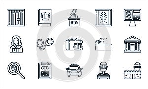 law and justice line icons. linear set. quality vector line set such as prison, police car, fingerprint, thief, clipboard, judge,