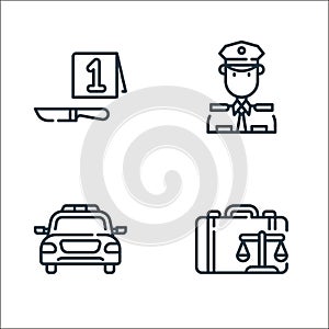 law and justice line icons. linear set. quality vector line set such as suitcase, police car, policeman