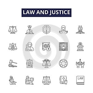 Law and justice line vector icons and signs. Justice, Trials, Courts, Jurisdiction, Sentencing, Advocacy, Legislation photo