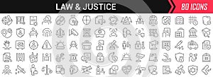 Law and justice linear icons in black. Big UI icons collection in a flat design. Thin outline signs pack. Big set of icons for