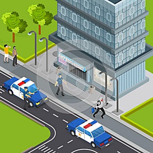 Law justice police service isometric composition with burglar caught stealing handbag from pedestrians arrest scene vector