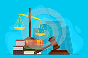 Law and justice. Scale justice and wooden judge gavel, auction symbol, legal law and judiciary, trials judgment photo