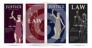 Law and justice set of flyers with lady justice