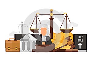 Law and justice set isolated on white, flat vector illustration. Judge, hammer, holy bible, court, case, scales, police