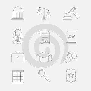 Law and justice thin line icons. The legal system, judge, police and lawyer