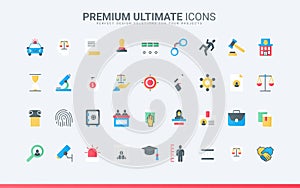 Law and justice trendy flat icons set, legal system badges and symbols, judgment and police