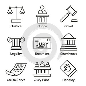 Law and Legal Icon Set with Judge, Jury, and Judicial icons