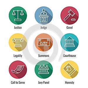 Law and Legal Icon Set with Judge, Jury, and Judicial icons