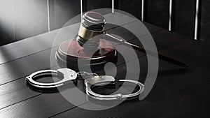 Law Legal System Justice Crime concept. Mallet Gavel Hammer and Handcuffs on black background. 3d Render illustration