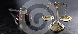 Law Legal System Justice Crime concept. Mallet Gavel Hammer and Scales on black background. 3d Render illustration