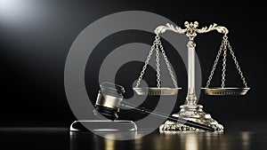 Law Legal System Justice Crime concept. Mallet Gavel Hammer and Scales on table. 3d Render illustration