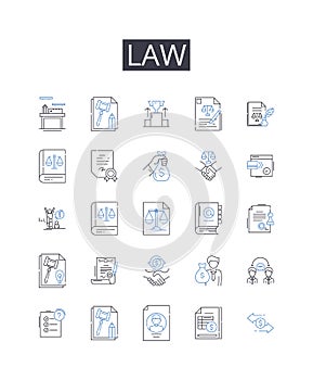 Law line icons collection. Justice, Legislation, Rulebook, Statute, Decree, Regulation, Bylaw vector and linear