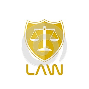 Law logo. Golden shield of justice with scales inside icon isolated on white background