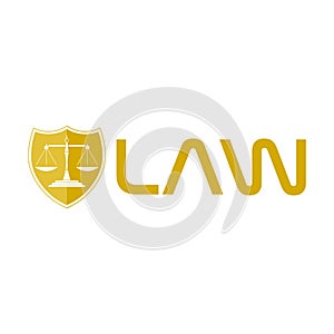 Law logo. Golden shield of justice with scales inside icon isolated on white background